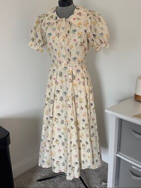 Floral Cream Midi Dress with Puff Sleeves